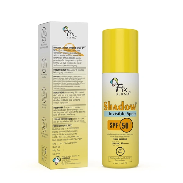 Fixderma Shadow SPF 50+ PA+++ Invisible Spray Sunscreen 50ml| Ultra Lightweight Transparent Fluid Spray | Broad Spectrum UVA & UVB Protection | Water Resistant Body Sunscreen