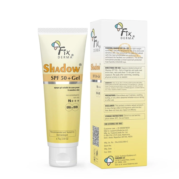 Fixderma Shadow Sunscreen SPF 50+ PA+++ Gel 75g Unisex | Lightweight, Non-Sticky, No White Cast Sunscreen for Oily, Acne Prone & Normal Skin | Broad Spectrum UVA UVB Protection