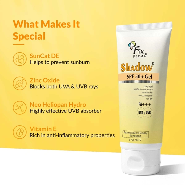 Fixderma Shadow Sunscreen SPF 50+ PA+++ Gel 75g Unisex | Lightweight, Non-Sticky, No White Cast Sunscreen for Oily, Acne Prone & Normal Skin | Broad Spectrum UVA UVB Protection