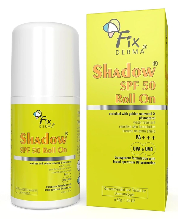 Fixderma Shadow Sunscreen SPF 50 Roll On 30gm PA+++ | Transparent Lightweight Sunscreen | Broad Spectrum UVA & UVB Protection | Water Resistant | Safe for Sensitive Skin