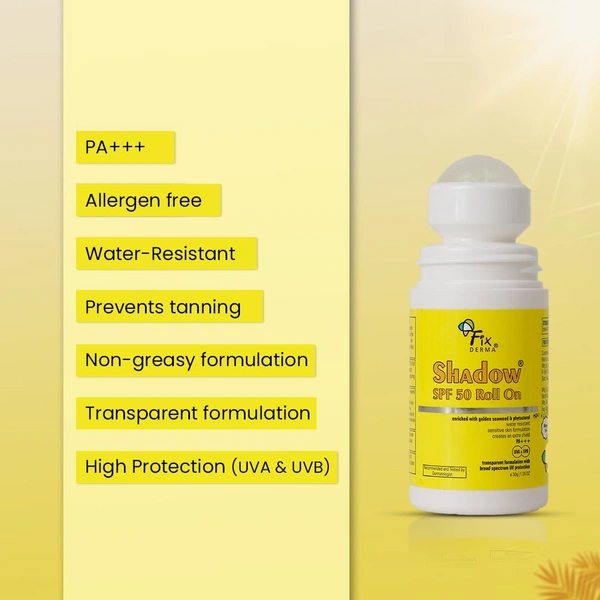 Fixderma Shadow Sunscreen SPF 50 Roll On 30gm PA+++ | Transparent Lightweight Sunscreen | Broad Spectrum UVA & UVB Protection | Water Resistant | Safe for Sensitive Skin