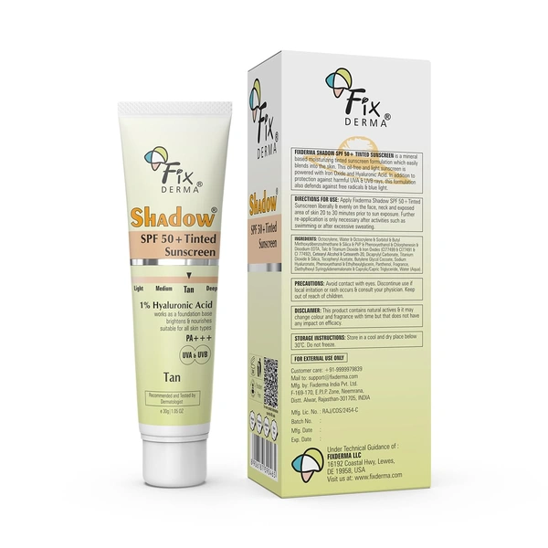 Fixderma Shadow Tinted Sunscreen 30gm Tan SPF 50 PA+++ with 1% Hyaluronic Acid & Vitamin E | Brightening Tinted Sunscreen | Lightweight | No White Cast | UVA/UVB Protection