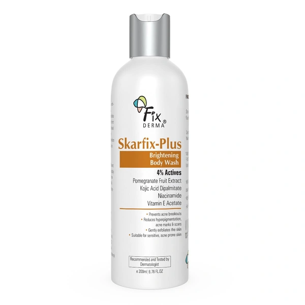 Fixderma Skarfix Plus Brightening Body Wash 200ml with 4% Actives (Kojic Acid, Niacinamide & Vitamin E) | Brightening Shower Gel for Hyperpigmentation, Acne Marks & Uneven Skin Tone