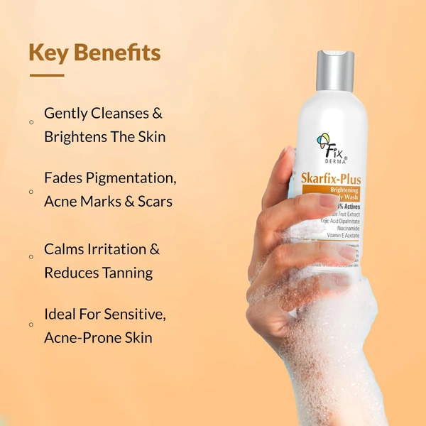 Fixderma Skarfix Plus Brightening Body Wash 200ml with 4% Actives (Kojic Acid, Niacinamide & Vitamin E) | Brightening Shower Gel for Hyperpigmentation, Acne Marks & Uneven Skin Tone