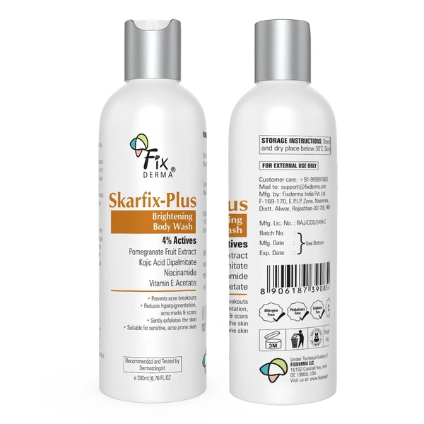 Fixderma Skarfix Plus Brightening Body Wash 200ml with 4% Actives (Kojic Acid, Niacinamide & Vitamin E) | Brightening Shower Gel for Hyperpigmentation, Acne Marks & Uneven Skin Tone