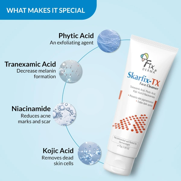 Fixderma Skarfix-TX Face Cleanser with Tranexamic Acid, Kojic Acid & Niacinamide | Advanced Pigmentation Face Wash | Brightens, Evens Skin Tone | Suitable for All Skin Types - 75gm