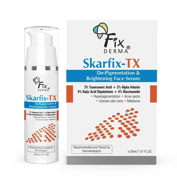 Fixderma Skarfix-TX Face Serum 30ml with 4% Kojic Acid, 4% Niacinamide, 3% Tranexamic Acid & 2% Alpha Arbutin | Brightening & Pigmentation Control Serum for Dark Spots, Melasma & Acne Marks