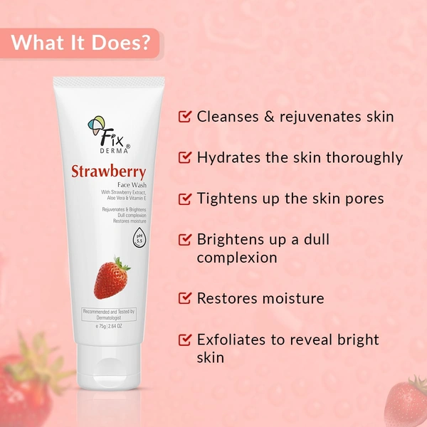 Fixderma Strawberry Face Wash 75g for men & women with Vitamin E & Strawberry Extract | Deep Cleansing Face Wash for Oily & All Skin Types | Refreshing, Hydrating & Gentle Cleanser