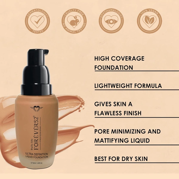 Forever52 Forever 52 Daily Life Ultra Definition Liquid Foundation 30ml | Matte Full Flawless | Long-Lasting Foundation | Creamy Foundation | Lightweight Formula | Eclair - 02