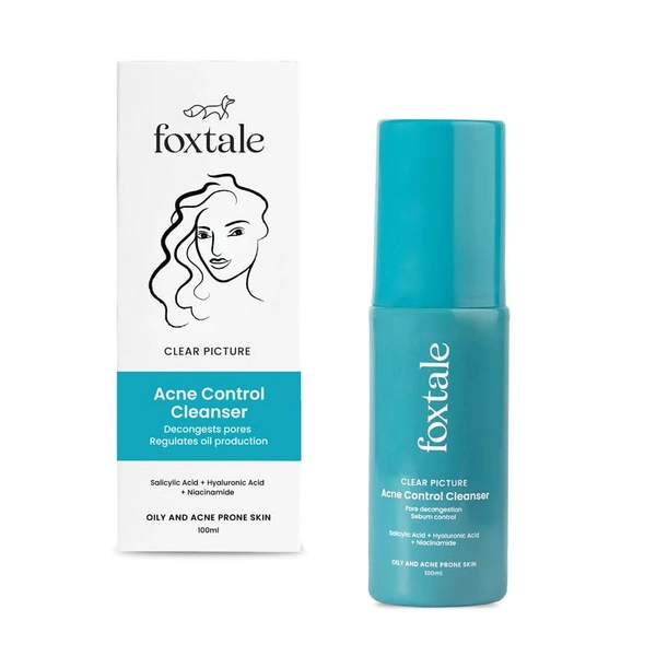 Foxtale Acne Control Cleanser 100ml | With 2% Salicylic Acid + Hyaluronic Acid + Niacinamide | Prevent Breakouts | Controls Oil & Kills Acne Causing Bacteria | Boost Hydrates | Gently Exfoliates | For Oily & Acne Prone Skin