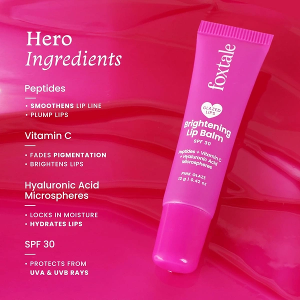 Foxtale Brightening SPF30 Lip Balm - 12g | with Peptides, Vitamin C & Hyaluronic Acid | Reduces Pigmentation | Brightens Lips | Prevents Chapped Lips |Protects with SPF 30 | Smooth & Soft Lips | Shade - Pink Glaze