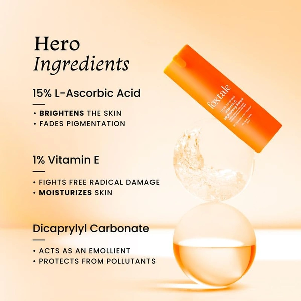 Foxtale Brightening Vitamin C Face Serum - 30ml  | 15% L-Ascorbic Acid) + Vitamin E |  Reduced Dark Spots | Balance Uneven Skin Tones | Moisturizing Serum | Fades Pigmentation | All Skin Types