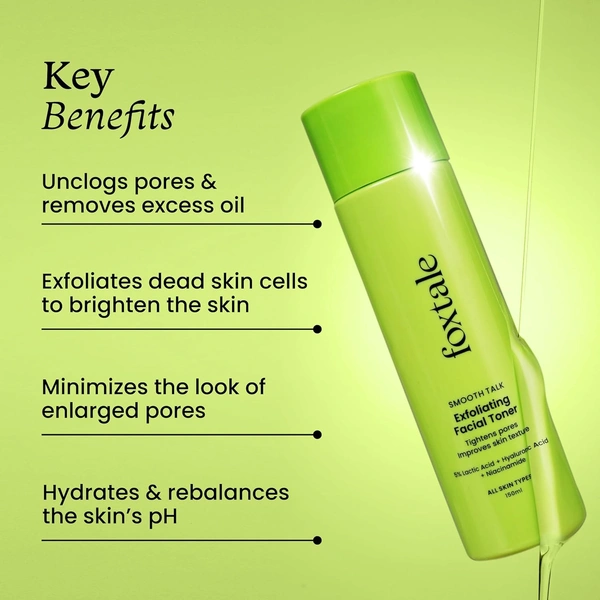 Foxtale Exfoliating Face Tone - 150ml | with 5% Lactic Acid + Hyaluronic Acid + Niacinamide | Tighter Pores | Controls Oil & Brightens Skin | Alcohol Free Toner | Brighten & Hydrating | For All Skin Types
