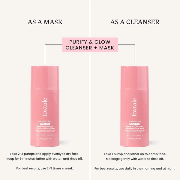Foxtale Purify & Glow Cleanser + Mask - 100ml | Deep Cleansing | Remove Dirt & Oils | Exfoliating Glow Facial | Exfoliating Glow Facial | Blackhead Reducing | Hydrating | Normal to Oily Skin