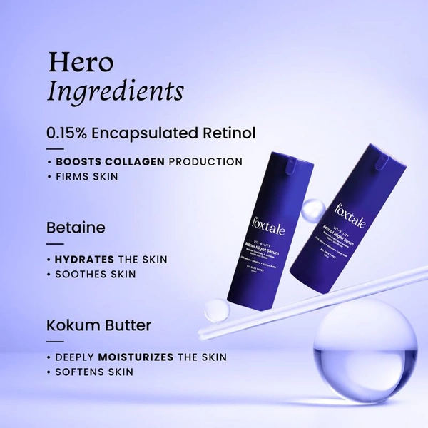 Foxtale Retinol Night Serum - 30ml | with 0.15% Retinol + Betaine + Kokum Butter | Reduce Fine Lines & Wrinkles | Minimize Pores | Youthful Skin | Skin brightening | Anti-Aging Night Cream | For All Skin Types