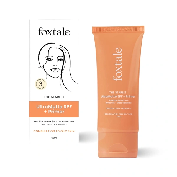 Foxtale Tinted Sunscreen SPF 50 + Primer - 50ml | SPF 50 PA++++ | Dry Touch + Water Resistant | No White Cast |Vitamin E | Broad-Spectrum Protection | Lightweight & Hydrating | Combination to Dry Skin | Shade - 3