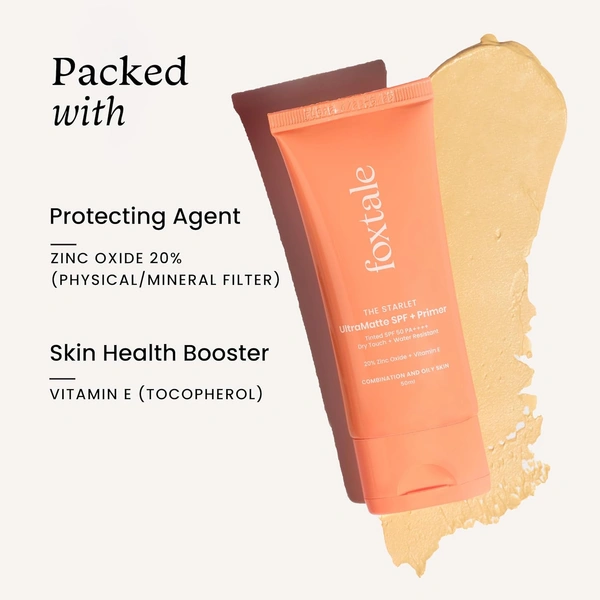 Foxtale Tinted Sunscreen SPF 50 + Primer - 50ml | SPF 50 PA++++ | Dry Touch + Water Resistant | No White Cast |Vitamin E | Broad-Spectrum Protection | Lightweight & Hydrating | Combination to Dry Skin | Shade - 3