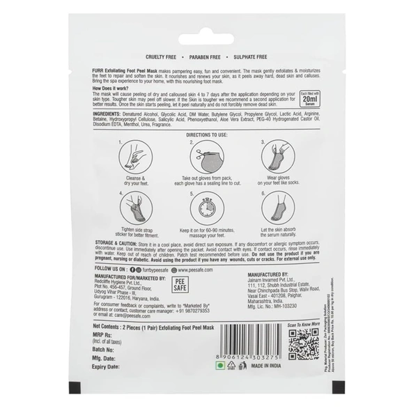 Furr by Pee Safe Peeling & Exfoliating Foot Mask for Unisex use| Glycolic & Salicylic Acid | Reduces Dry Skin & Hard Calluses | Moisturizes & Hydrates Feet | Nourishing Sock-Style Foot Mask