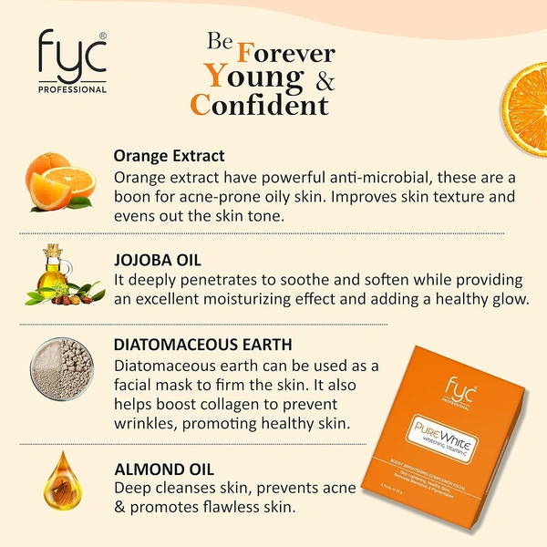 Fyc Professional Pure White Vitamin C Facial Kit 95g| 5-Step Brightening & Hydrating Facial Treatment |  Glowing, Radiant & Even-Toned Skin | Salon-Quality Facial for All Skin Types | Vitamin-C Boost