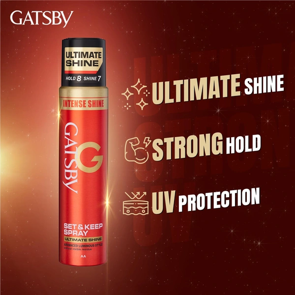 Gatsby Set & Keep Hair Spray Ultimate Shine, 250ml | Maximum Hold & Luminous Finish | UV Protection & Non-Sticky | Residue-Free Styling | Long-Lasting & Dermatologically Tested | Compact Size