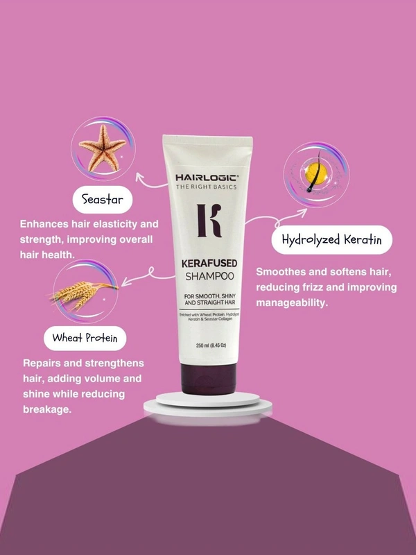 Hair Logic Kerafused Sampoo 250 ml with Wheat Protein | Hydrolyzed Keratin & Seastar Collagen | Smooth, Shiny & Frizz-Free, Straight | Strong & Nourished Hair