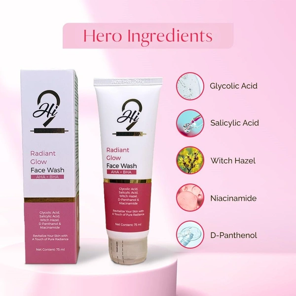Hi9 Radiant Glow Face Wash with AHA + BHA | Brighten & Exfoliate Your Skin | Get Smooth, Glowing Skin | Suitable for Acne-Prone Skin | Radiant Glow | Chemical Free Formula | 75ml