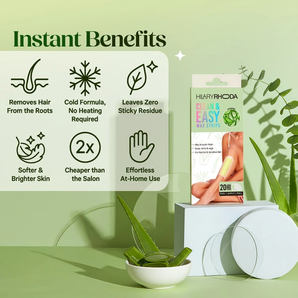 Hilary Rhoda Matte Hilary Rhoda Clean & Easy Wax Strips with Aloe Vera | Effortless & Quick Hair Removal | Soothes & Hydrates Skin | Salon-Smooth Results | Zero Fuss, No-Mess Waxing at Home