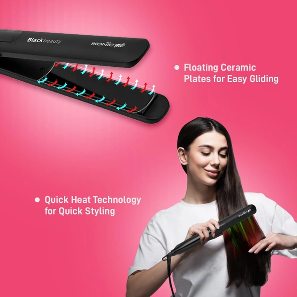 Ikonic Black Beauty Hair Straightener for Women | Ceramic Coated Floating Plates | Handle Lock Feature | Instant Heat-Up Technology | Slim, Lightweight & Travel-Friendly