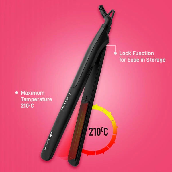 Ikonic Black Beauty Hair Straightener for Women | Ceramic Coated Floating Plates | Handle Lock Feature | Instant Heat-Up Technology | Slim, Lightweight & Travel-Friendly