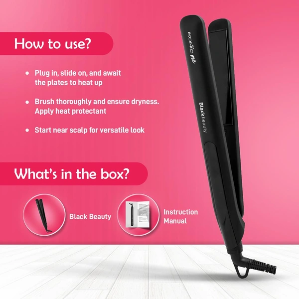 Ikonic Black Beauty Hair Straightener for Women | Ceramic Coated Floating Plates | Handle Lock Feature | Instant Heat-Up Technology | Slim, Lightweight & Travel-Friendly