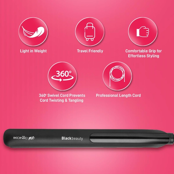 Ikonic Black Beauty Hair Straightener for Women with Ceramic Coated Floating Plates | Instant Heat Up Technology | Handle Lock, Slim Lightweight Travel Friendly | All Hair Types