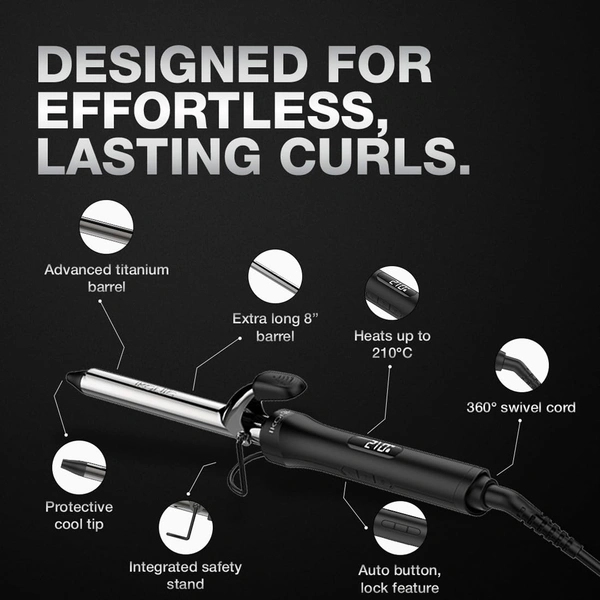 Ikonic Curling Tong 19mm Hair Curler | 8 Inch Titanium Barrel | Black & Golden | Heat Ready Indicator, Safety Stand, Swivel Cord | Salon-Like Finish