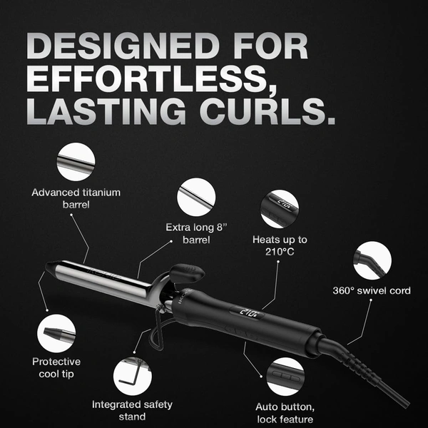 Ikonic Curling Tong CT-22 22mm Hair Curler | 8 Inch Titanium Barrel | Black & Golden | Safety Clip, Rubber Grip | Professional Salon-Like Curls
