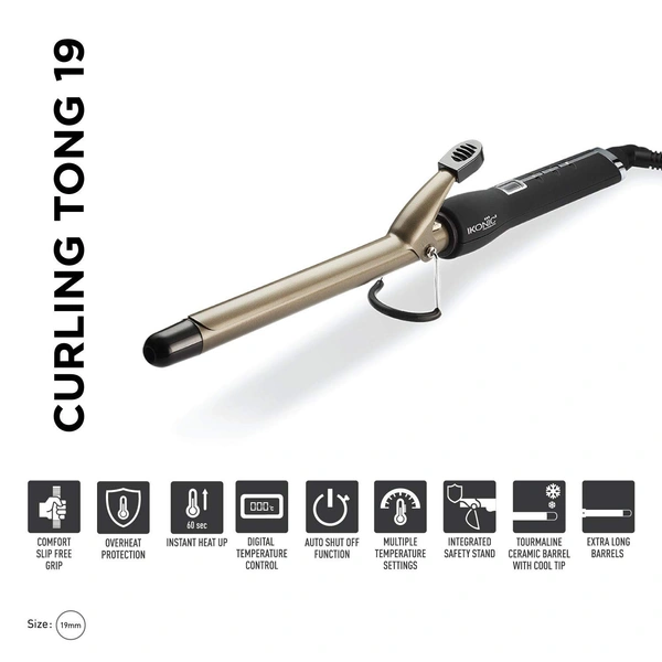 IKONIC Ikonic Curling Tong-19mm, Ceramic shine infused barrel, Digital Display, Instant Heatup, Hair Curling With swivel cord Hair Styling, For Women, All Hair Type