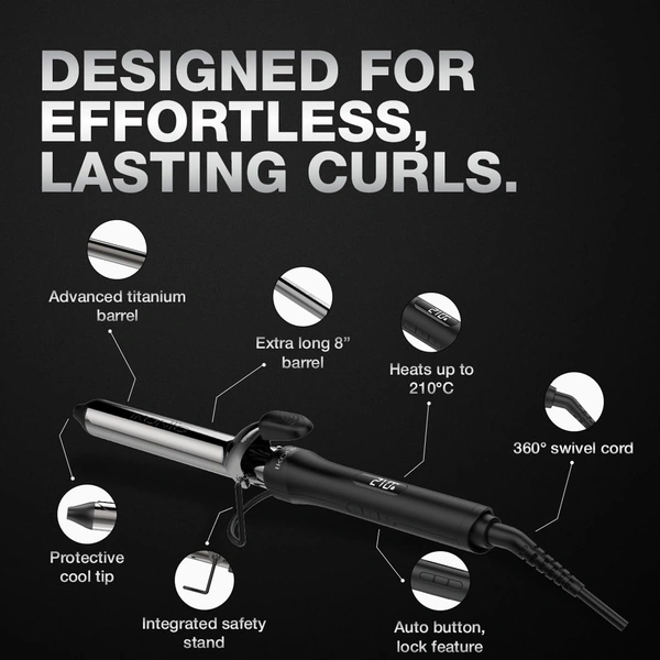 Ikonic Hair Curler Machine Tong 28mm | 8 Inch Black Titanium Barrel | Heat Ready Indicator, Rubber Grip, Safety Stand & Swivel Cord | Salon-Like Finish
