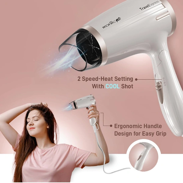 Ikonic Hair Dryer Travel Express Foldable | 1400W Fast Drying | 2 Speed Settings | Compact & Lightweight | Travel-Friendly | For Men & Women | All Hair Types