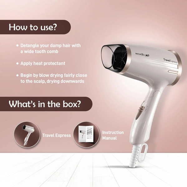 Ikonic Hair Dryer Travel Express Foldable | 1400W Fast Drying | 2 Speed Settings | Compact & Lightweight | Travel-Friendly | For Men & Women | All Hair Types