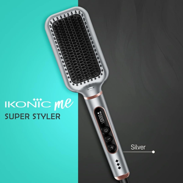 Ikonic Me Hair Straightener Brush Super Styler  | Tourmaline Ceramic | Triple Bristle | Thermo-Protect | 130-210�C | Frizz-Free, Shiny Hair | Large Paddle Brush