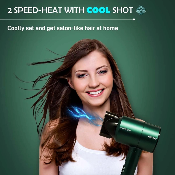 Ikonic Mini Vibe Hair Dryer 1200W - Emerald | 2 Speed Settings | Cool Shot | Overheat Protection | Compact & Travel Friendly Design | Suitable for All Hair Types