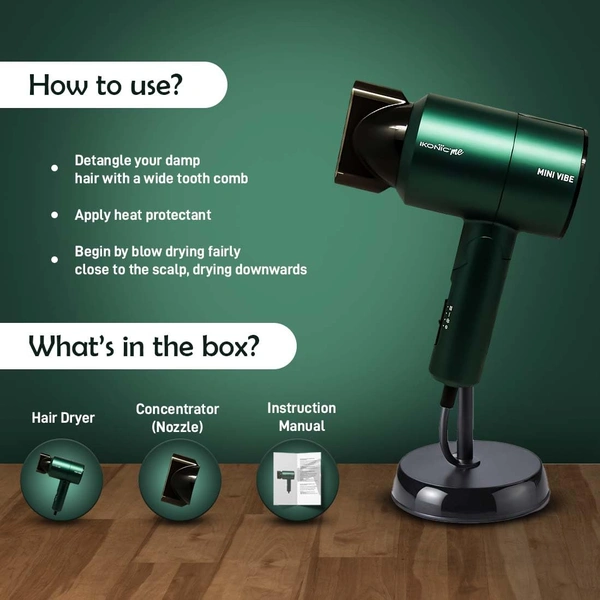 Ikonic Mini Vibe Hair Dryer 1200W - Emerald | 2 Speed Settings | Cool Shot | Overheat Protection | Compact & Travel Friendly Design | Suitable for All Hair Types