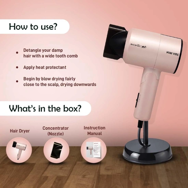 Ikonic Mini Vibe Hair Dryer 1200W - Pink | 2 Speed Settings | Cool Shot | Overheat Protection | Compact & Travel Friendly Design | Suitable for All Hair Types