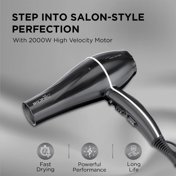Ikonic Pro 2100+ Hair Dryer 2000W, With 3 heat & 2 speed settings, Cool Shot, Interchangeable Nozzles, Professional Styling For All Hair Type.