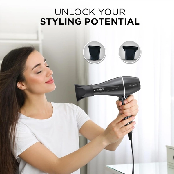 Ikonic Pro 2100+ Hair Dryer 2000W, With 3 heat & 2 speed settings, Cool Shot, Interchangeable Nozzles, Professional Styling For All Hair Type.