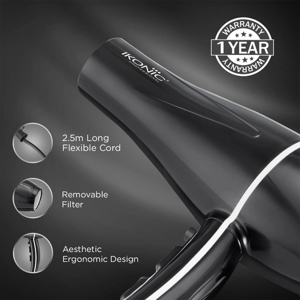 Ikonic Pro 2100+ Hair Dryer 2000W, With 3 heat & 2 speed settings, Cool Shot, Interchangeable Nozzles, Professional Styling For All Hair Type.