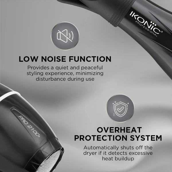 Ikonic Pro 2100+ Hair Dryer 2000W, With 3 heat & 2 speed settings, Cool Shot, Interchangeable Nozzles, Professional Styling For All Hair Type.