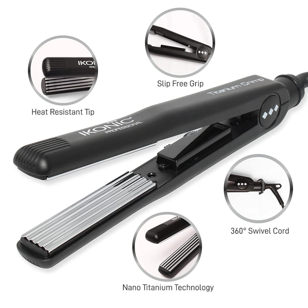IKONIC Slim Titanium Hair Crimper (Black) | Quick Heatup | Adjustable Temperature Titanium Plates | Salon-Quality Hair | Heat-Protective | For All Hair Type