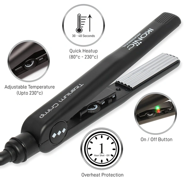 IKONIC Slim Titanium Hair Crimper (Black) | Quick Heatup | Adjustable Temperature Titanium Plates | Salon-Quality Hair | Heat-Protective | For All Hair Type