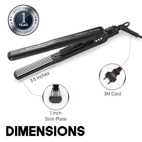IKONIC Slim Titanium Hair Crimper (Black) | Quick Heatup | Adjustable Temperature Titanium Plates | Salon-Quality Hair | Heat-Protective | For All Hair Type