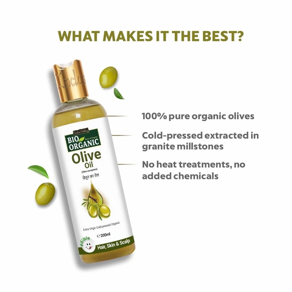 Indus Valley Bio Organic Extra Virgin Olive Oil 200ml | 100% Cold Pressed & Pure | Edible Cooking Oil | Baby Massage, Skin & Hair Care | Natural & Chemical-Free