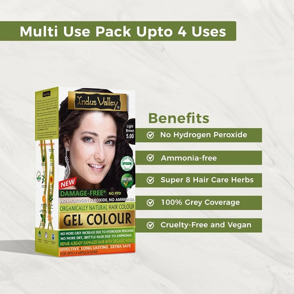 Indus Valley INDUS VALLEY Damage Free Natural Gel Hair Colour 220ml Light Brown 5.00 for Women & Men | 100% Grey Coverage | Ammonia & PPD Free Herbal Organic Conditioning Hair Color